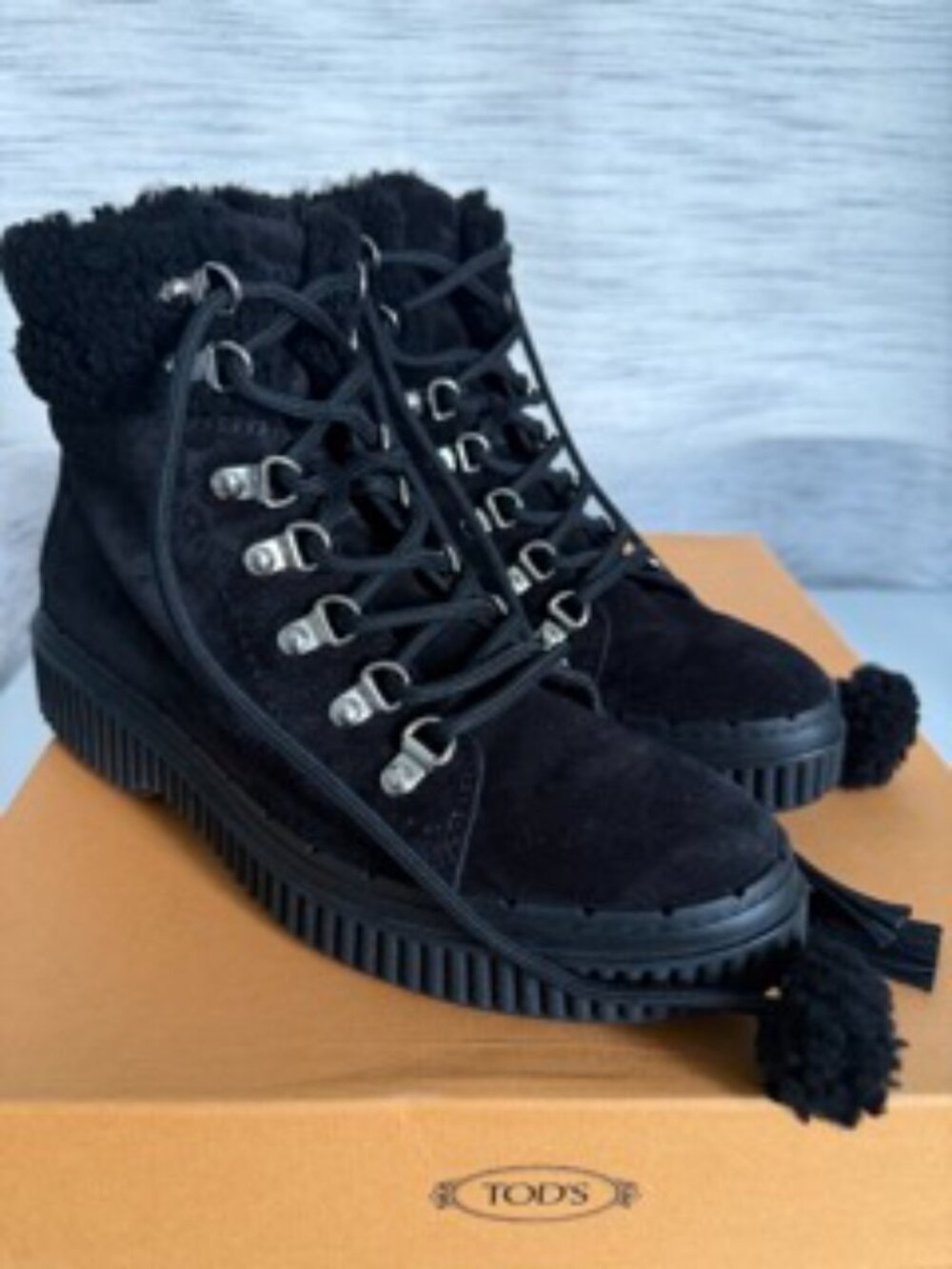 Tod's Suede Pom Pom Tassel Lace Up Boots